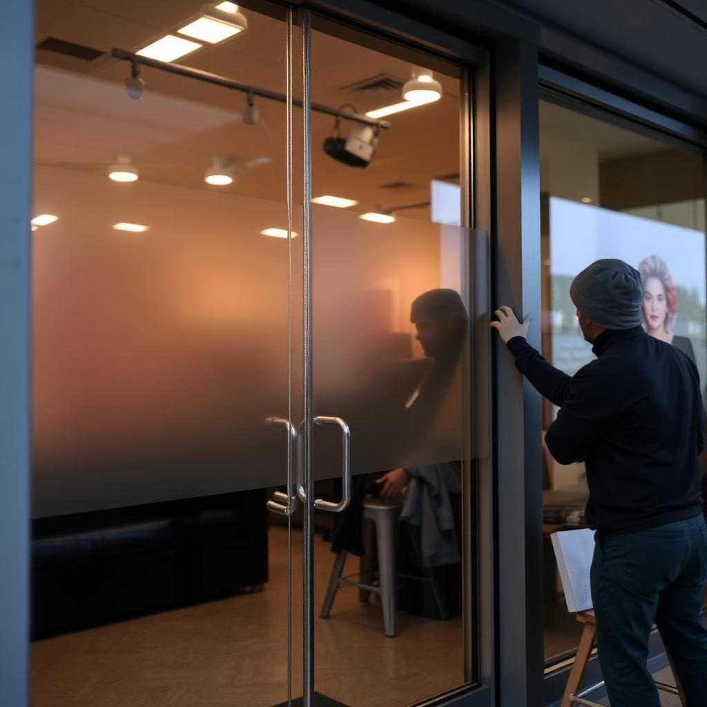 Technician installing protective safety film on a storefront entrance