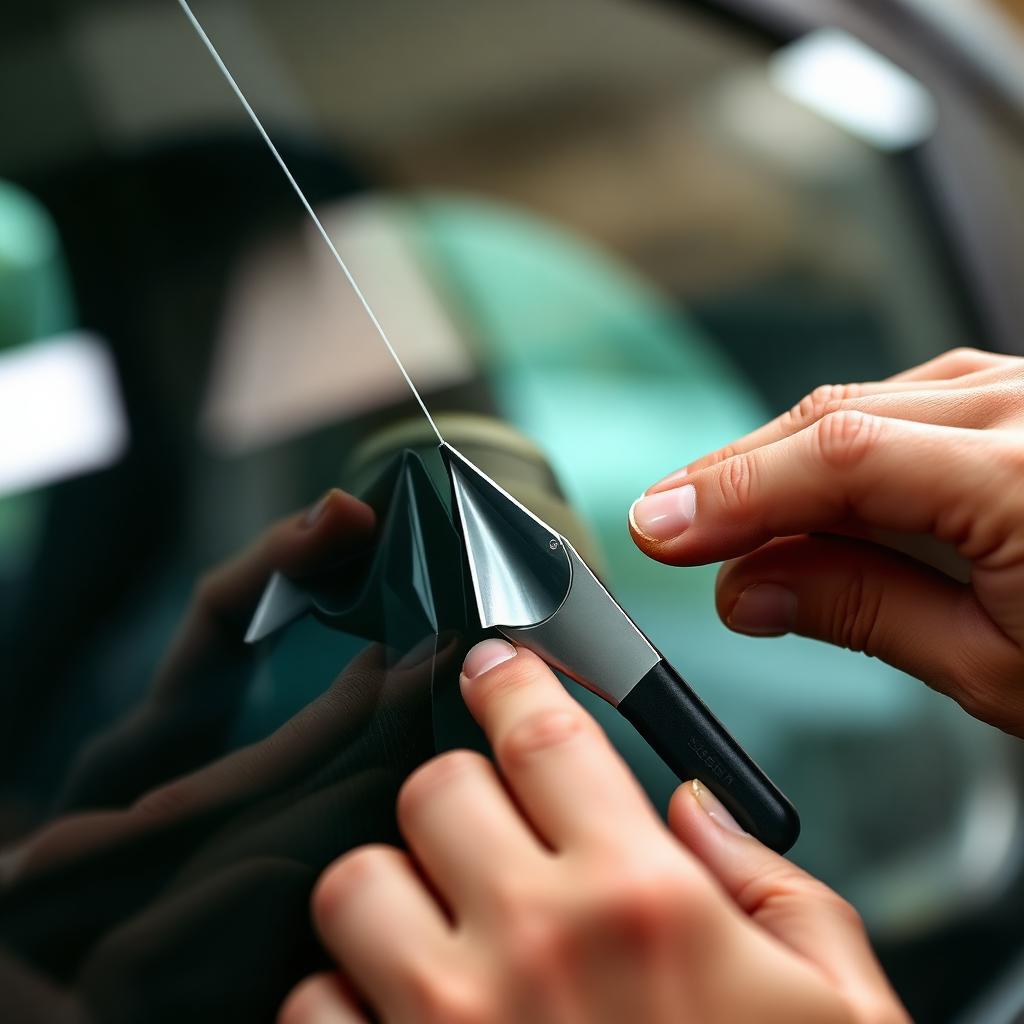 Close-up of a technician precision-trimming window film