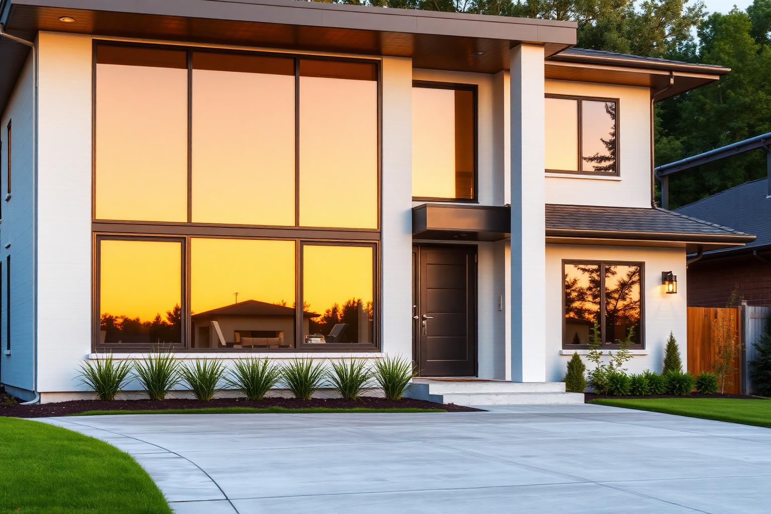 Modern Bay Area home with freshly tinted windows at golden hour