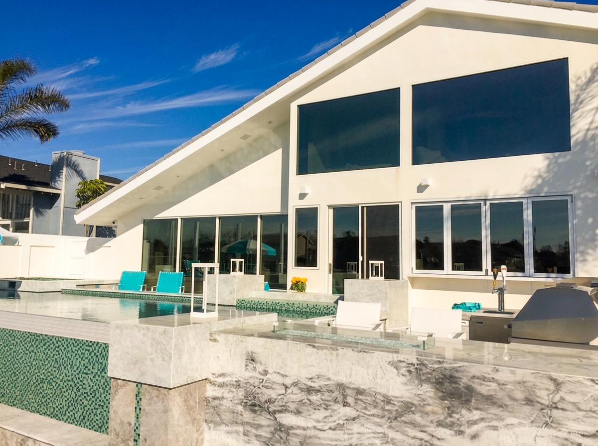 Sunny modern Bay Area home with a pool and large UV-protective tinted windows