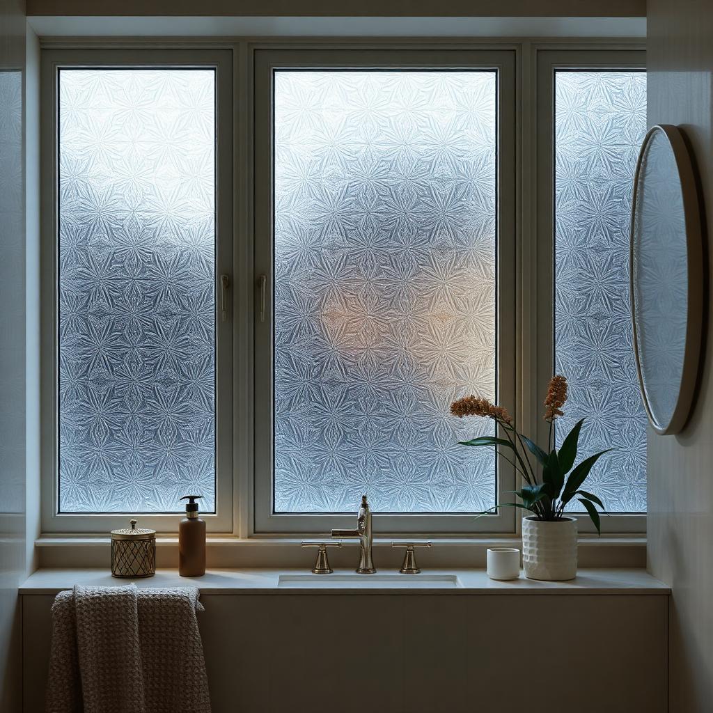 Decorative frosted film with a geometric pattern on a bathroom window