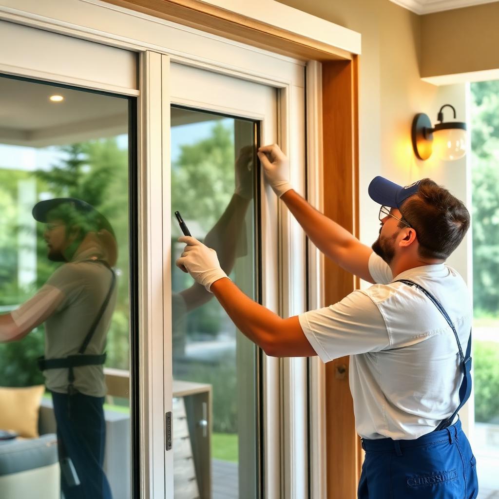 Technician applying safety film to a home sliding glass door